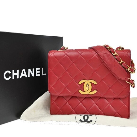 CHANEL CC Logo Matelasse Chain Shoulder Bag Leather Red Vintage France 373RF475 - Picture 1 of 16